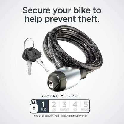 Schwinn Bike Cable Lock with Keys, 6 ft x 8 mm, Black, Durable Steel, Protective Vinyl Cover, Carrying Bracket for Transport, Anti Theft Protection, Bike Lock Cable for Security