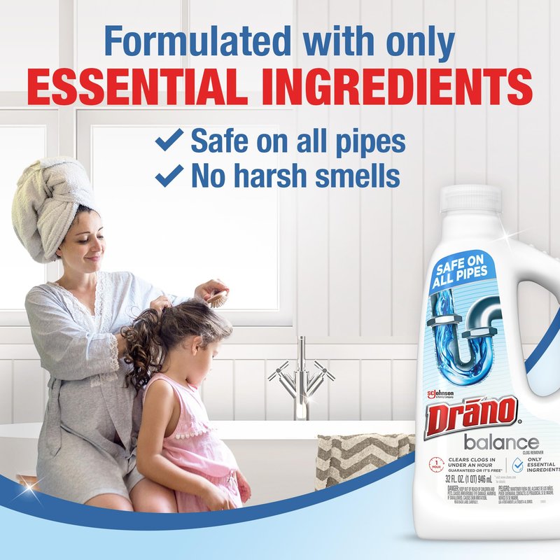 Drano Balance Drain Clog Remover and Cleaner, Non-Corrosive Formula, Safe on All Pipes and Septic Tanks, Formulated Using Only Essential Ingredients, 32 Fl Oz