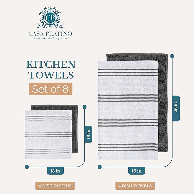 Casa Platino 8PC Cotton Kitchen Towels, Summer Grey Kitchen Towels