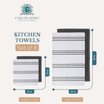 Casa Platino 8PC Cotton Kitchen Towels, Summer Grey Kitchen Towels