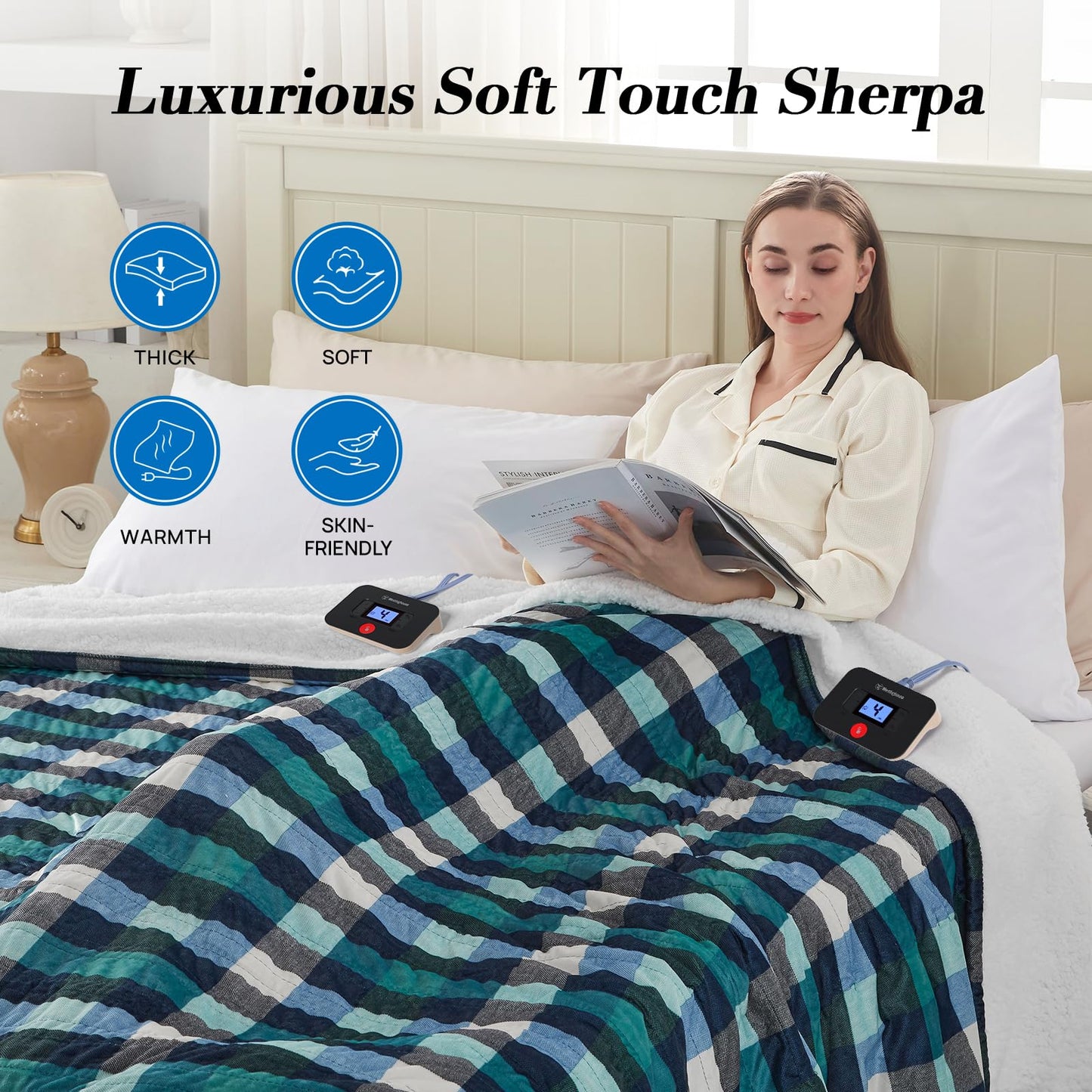 Westinghouse Heated Throw Blanket, Flower Jacquard Electric Blanket Throw with 6 Heating Levels and 2-10 Hours Auto-Off, Flannel to Sherpa Super Cozy Heated Blanket, Machine Washable (50" x 60" Beige)