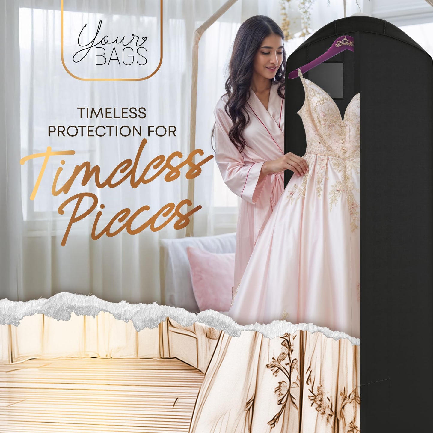 Your Bags Quinceanera Dress Garment Bag - Garment Bags for Hanging Gowns or Storage Preservation - 72" Quinceanera Storage Bag for Gowns with 20" Gusset for Puffy Quinceanera Gowns - Black/Gold