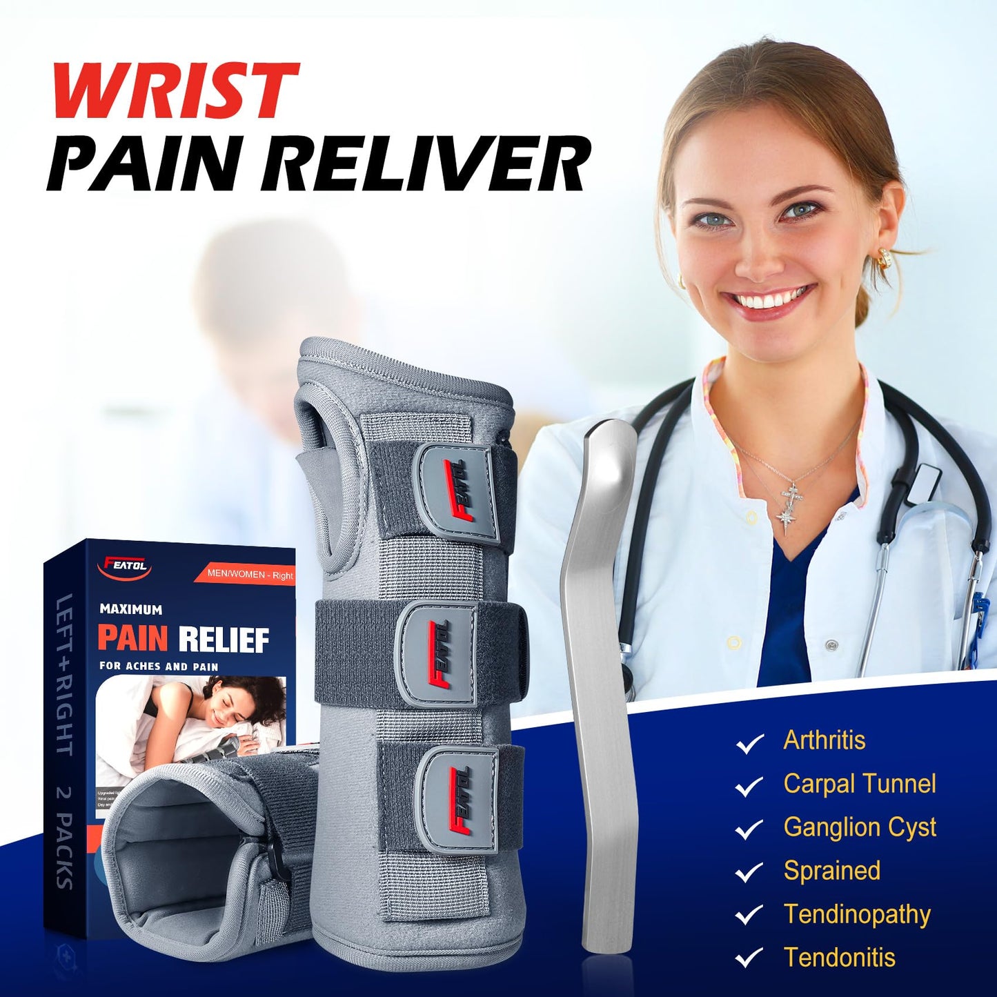 FEATOL Wrist Brace Splint Carpal Tunnel for Women Men, Night Wrist Sleep Support Brace, Left Hand, Medium/Large, Pain Relief for Sprain, Arthritis, Tendonitis