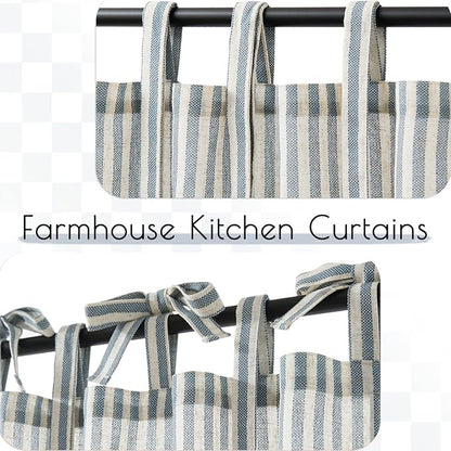 jinchan Tie Top Linen Kitchen Curtains 36 Inches Striped Tier Curtains Farmhouse Modern Cafe Style Small Window Treatments Airy Light Filtering Rod Pocket for Living Room Bathroom 2 Panels Blue