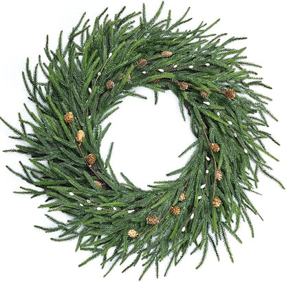 24 Inch Pine Wreath Christmas Wreaths for Front Door, Real Touch Pine Wreath with White Berries Artificial Green Wreaths for Walls Windows Porches Farmhouse Indoor Outdoor Home Decor