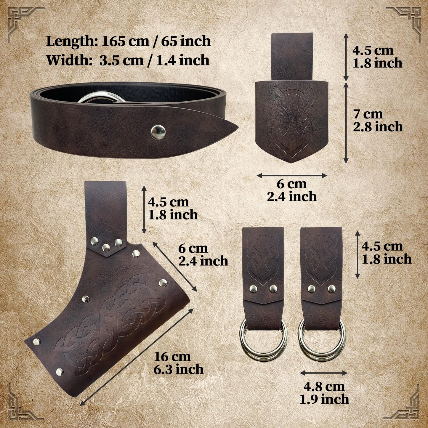 EpicCos 6 PCs Renaissance Belt Costume Medieval Accessories Belt Pouch Skirt Hiking Sword Frog Viking Horn Holster (Brown A)