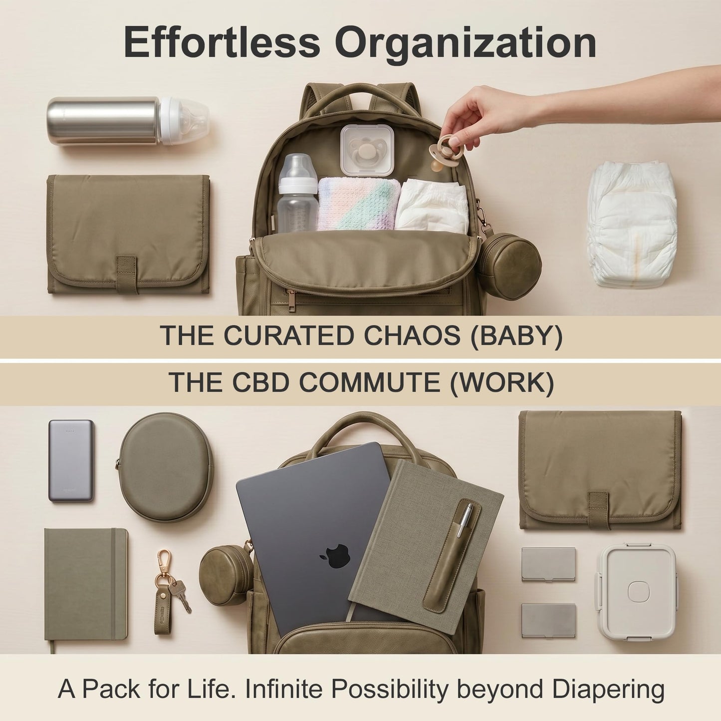 ROSEGIN Premium Vegan Leather Diaper Bag Backpack with Waterproof Changing Pad, Reinforced Zippers & Odor-Free, 20 Pockets Pro Organizer, Fits 15.6" Laptop, Stroller Straps, Baby Bag for Mom, Taupe