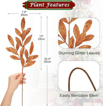 DILATATA 6Pcs Christmas Glitter Leaves Bay Leaves Spray 24" Artificial Orange Bay Leaf Picks Sprays Giltter Stems for Halloween Centerpiece Christmas Home Decor Home Decor - Orange