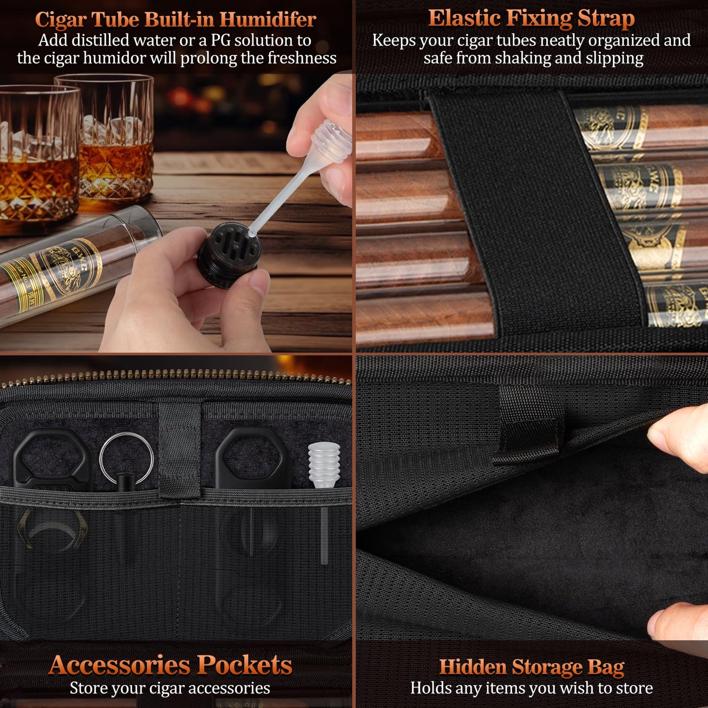 AWOTE Travel Cigar Humidor Case, Portable Cigar Bag with 4 Cigar Tubes, Leather Cigar Case Include Straight Cutter, V Cutter, Hole Puncher, Gift Set for Cigar Lovers, Lighter not included (Brown)