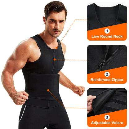 Wonderience Neoprene Sauna Suit for Men Waist Trainer Vest Zipper Body Shaper with Adjustable Belt Tank Top (Black, X-Large)