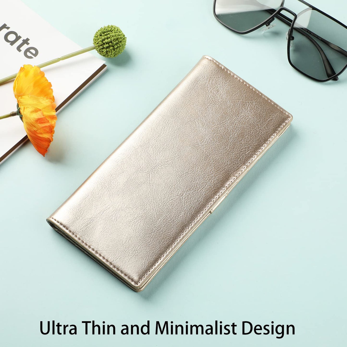 Lavemi Ultra Slim Thin Leather Women Wallet RFID Blocking Credit Card Holder Bifold Long Ladies Billfold (2-Waxed Champion Gold)