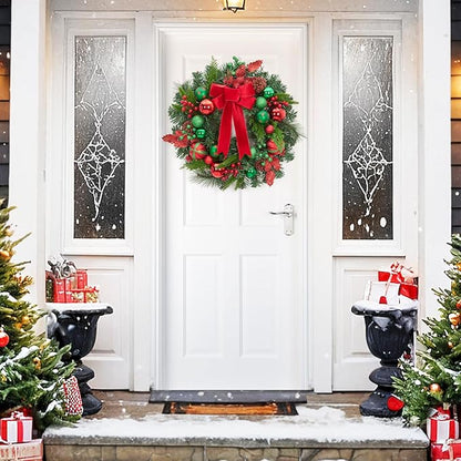 Christmas Wreath for Front Door, 22 Inch Large Outdoor Christmas Wreath, Lighted Xmas Wreath with Red Green Ball Ornaments Velvet Bow and 30 LED Lights for Fireplace Window Holiday Decor