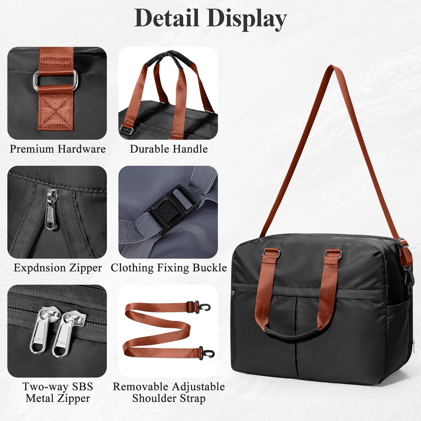 Expandable Personal Item Travel Duffle Bag Weekender Bag for Women Men, Overnight Hospital Carry On Bag with Toiletry Bag for Airplanes Travel Business Trips Sport,Black & Brown