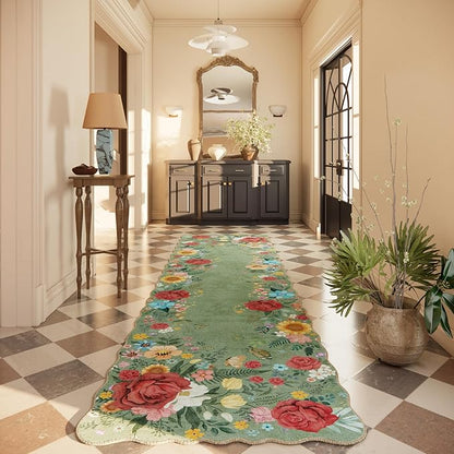 Kitchen Rug Runners for Hallways: 2'6''x10' Washable Runner Rugs for Kitchen Ultra Thin Stain Resistant Non Slip Low Pile Lightweight Vintage Floral Carpet for Farmhouse Decor (Green)