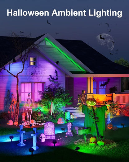 6 Pack Color Changing Solar Powered Outdoor Spot Lights for Halloween Decorations, Skeletons, Tombstones, Ghost, Outside Landscape Waterproof 24 LEDs Spotlights for House Yard Tree, Garden, Statues