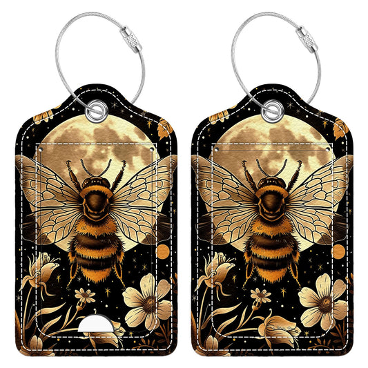 Bvkilrvc 2 Pcs Luggage Tag for Suitcase, Bee Moon Flower Unique Leather Suitcase Tags with Full Privacy Cover Stainless Steel Loop for Women Men Travel Baggage Bag Backpack
