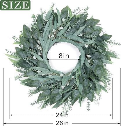 26" Eucalyptus Wreath for Front Door - Large Artificial Greenery Outdoor Wreath for Porch, Window,Farmhouse,Home,Holiday,Hanging Decor- Spring, Summer, Fall, All Seasons (Green)