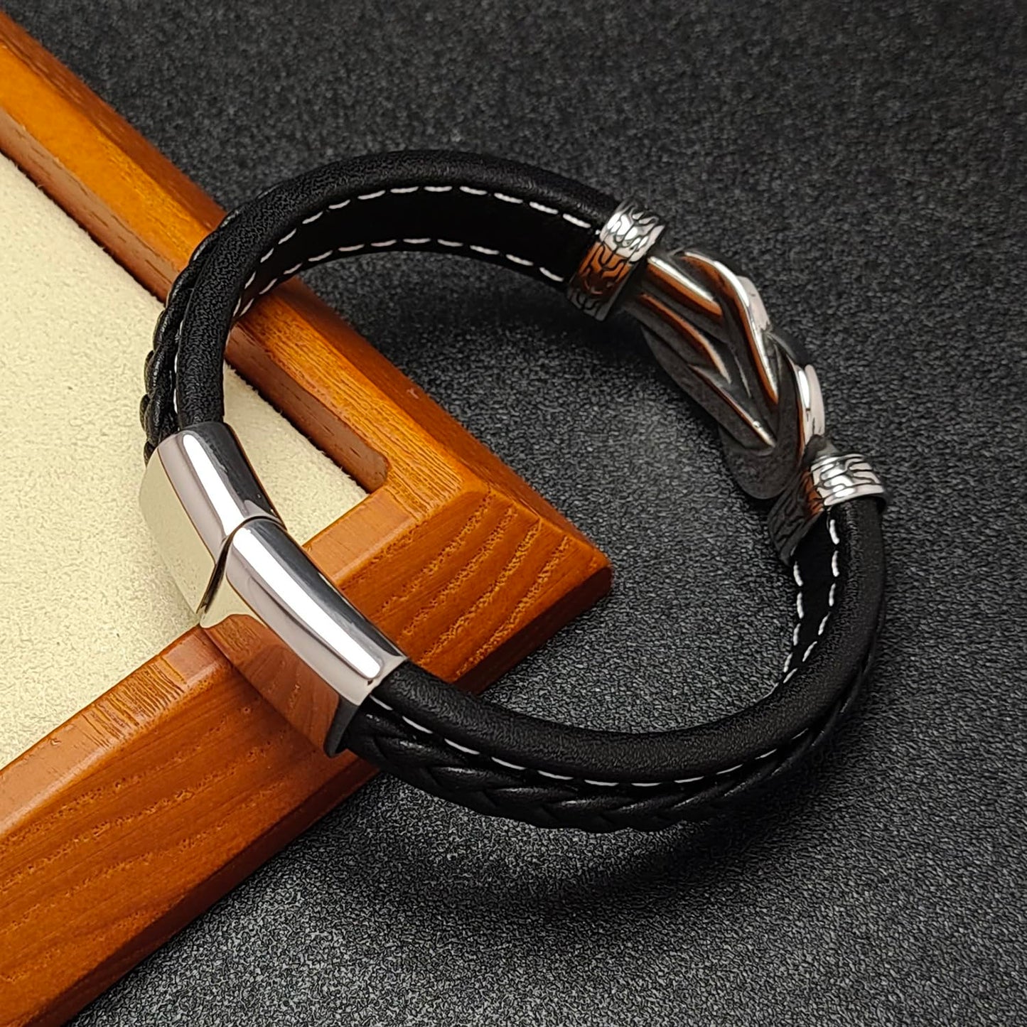 LJWVX Men's Braided Black Leather Bracelet Wristband Cuff Bracelet for Men Gifts Stainless Steel Clasp