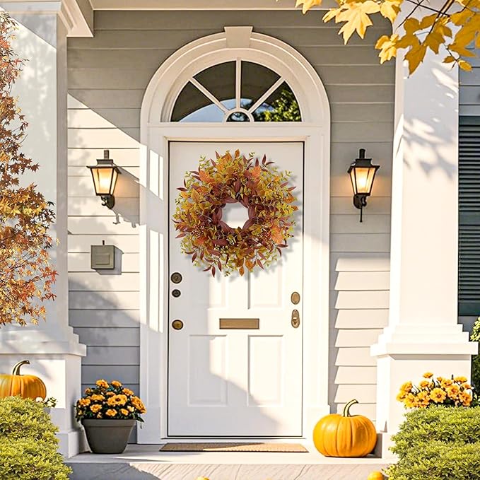 Fall Wreaths for Front Door 24 Inch Large Artificial Autumn Wreath with Eucalyptus Leaves Harvest Thanksgiving Indoor Outdoor Decor Porch Window Wall Farmhouse Rustic Hanging Door Decorations