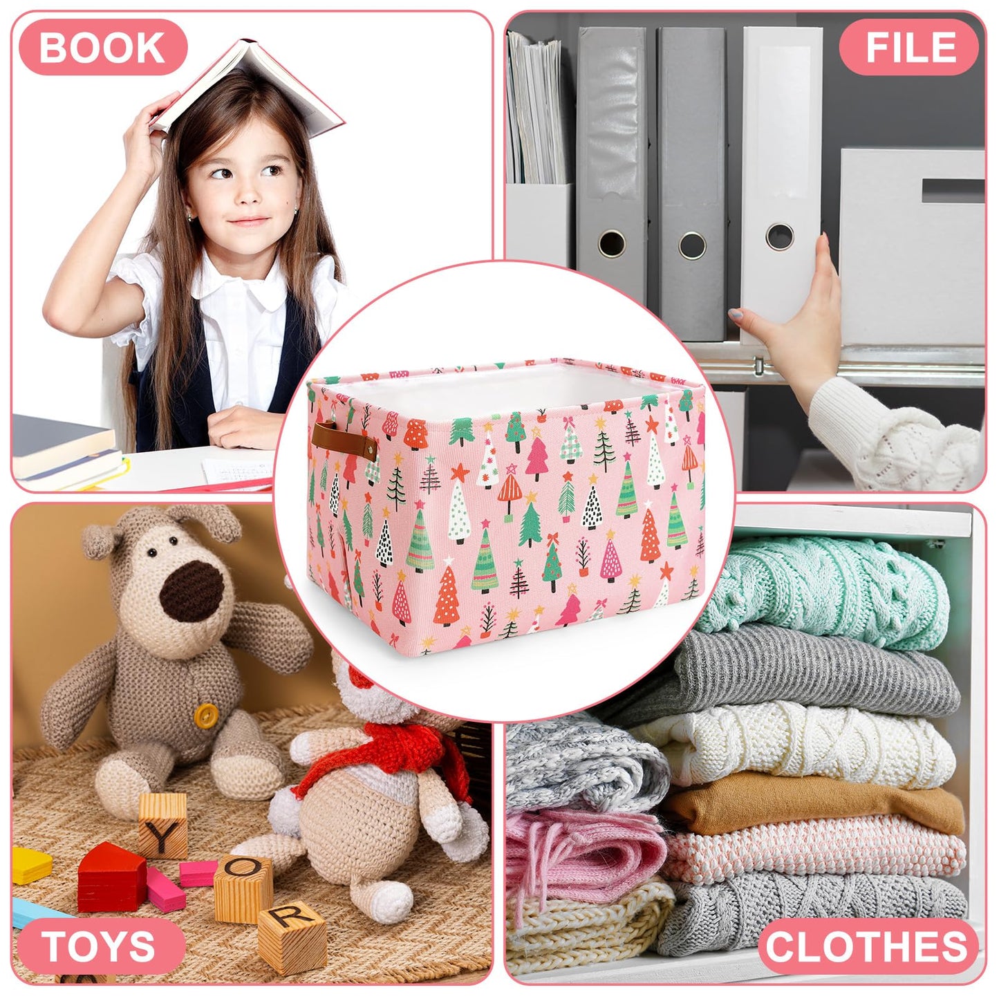 FYSUIMU Christmas Storage Basket with Handles Xmas Tree Pink Cube Storage Bin Foldable Fabric Container Organizer Box for Home Office Dorm Closet Shelf Toy
