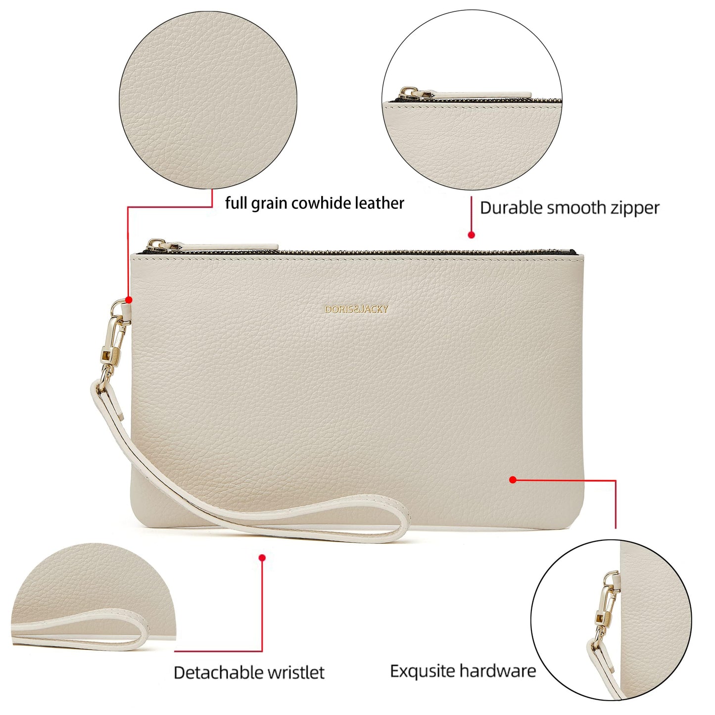 DORIS&JACKY Small Leather Wristlet Clutch Purse for Women Slim Designer Wallet and Cellphone Pouch Bag With Detachable Strap (Off White)