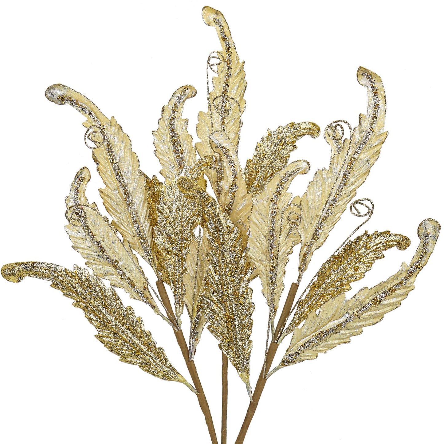 GnFlus 3 Pcs Christmas Glitter Leaves Large 27 Inch Artificial Glittered Leaf Picks and Spray Stems Ornament for Tree Wedding DIY Xmas Wreath Garland Floral Arrangement Home Decor - Gold