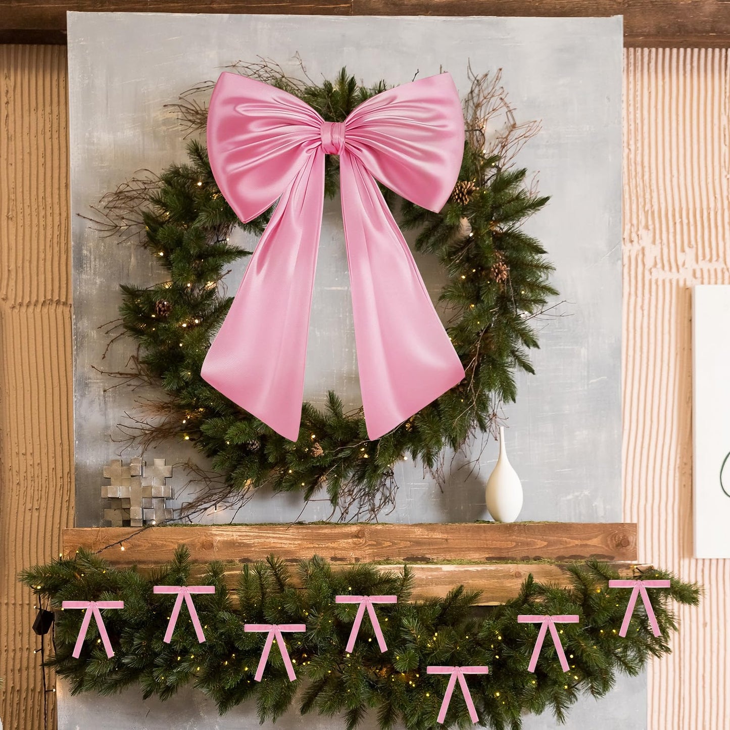 17x23 Inch Large Pink Bow for Christmas Tree Topper Christmas Tree Decoration Set: 24 Small Velvet Bows, 1 Pcs Big Tree Topper Bow, 3000 Strands of Tinsel Icicles for Holiday Decor (Pink)