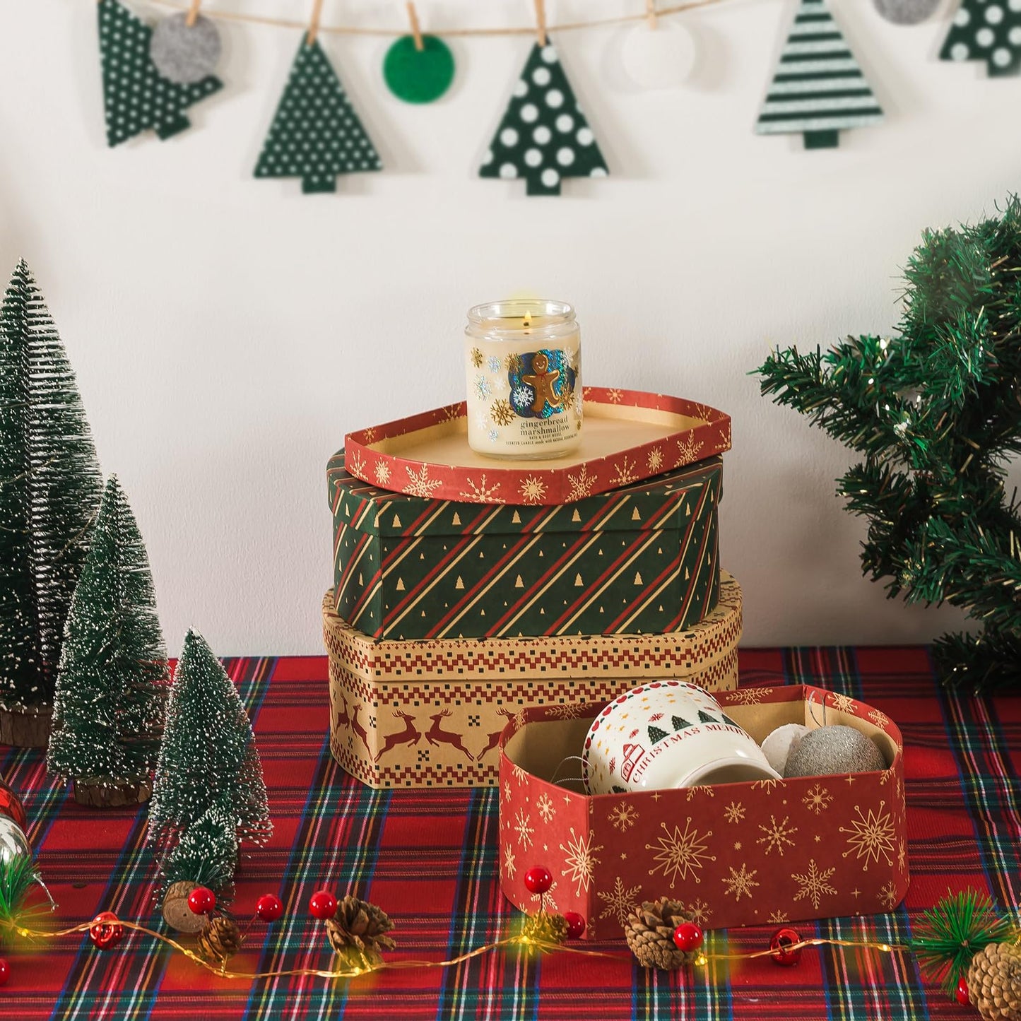 Soul & Lane Christmas Gift Boxes with Lids, Set of 3 Retro Kraft Holiday Decorative Boxes, Nesting Cardboard Festive Storage for Presents and Décor