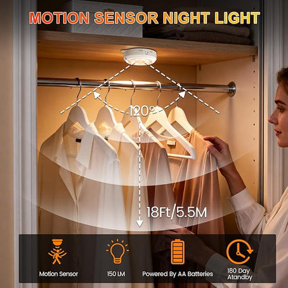 YiaMia Indoor Motion Sensor Night Light - 3 Pack, Smart Under Cabinet Lighting, 3 × AA Battery Operated Wireless Stair Light, Dimmable Puck Lights Suitable for Kitchens, Wardrobes, Hallway