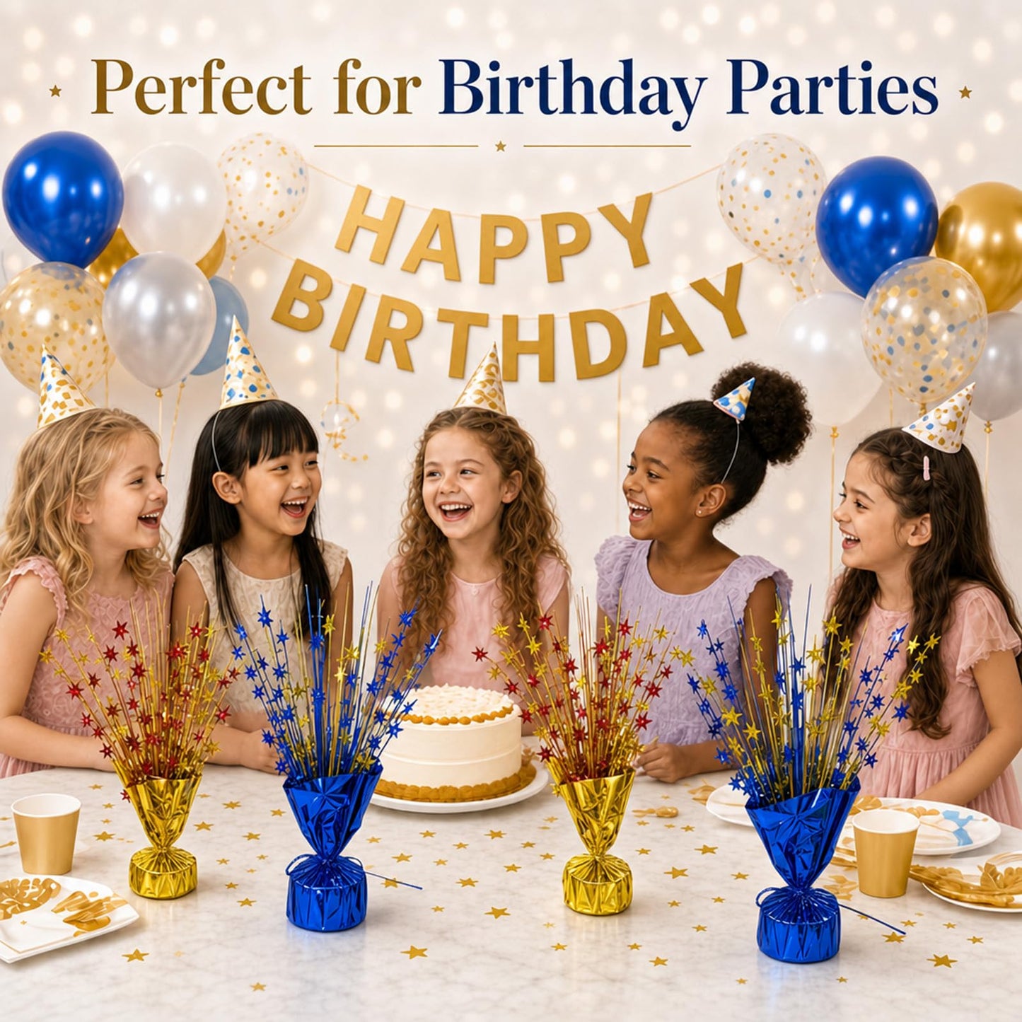 WMYQZXDF 6 Pack Metallic Foil Burst Star Table Decor, Blue & Gold Glitter Spray Centerpieces Scatter for Graduation,Birthday Party - Sparkling Tabletop Filler for Dessert Table or Holiday Celebration