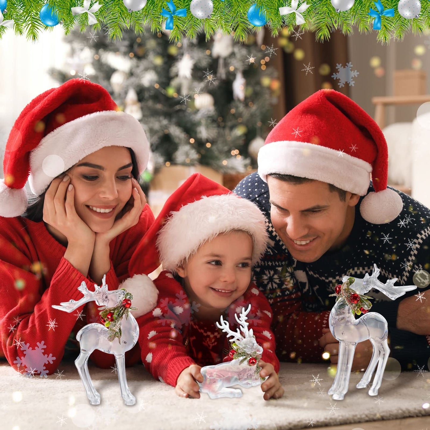 3 Pcs Acrylic Christmas Reindeer Ornaments Crystal Deer Figurine Statues Clear Christmas Small Reindeer Figurine Centerpiece for Xmas Party Decor