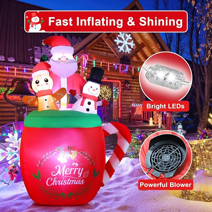 6 FT Christmas Inflatables Outdoor Decoration, Santa Claus Snowman Gingerbread Man in Xmas Mug for Outdoor Christmas Decorations