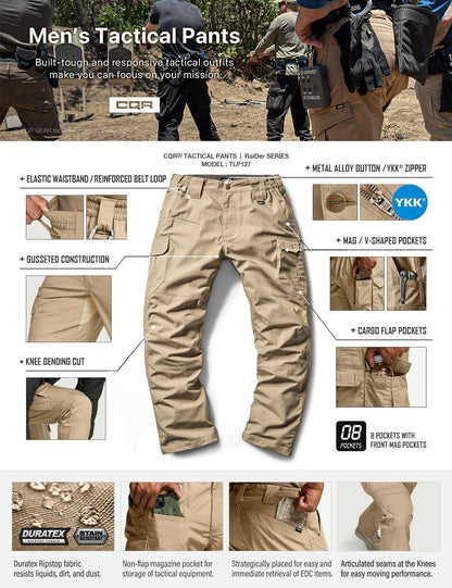 CQR Men's Tactical Pants, Water Resistant Ripstop Cargo Pants, Lightweight EDC Work Hiking Pants, Outdoor Apparel, Raider Mag Pocket Khaki, 36W x 34L