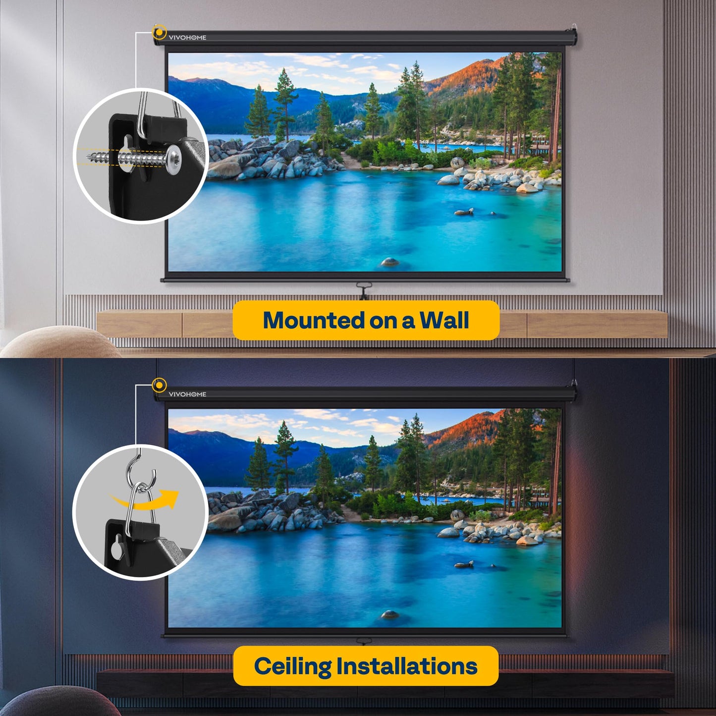 VIVOHOME Projector Screen Pull Down, 16:9 100 Inch Retractable Projection Screen, HD 4K Manual Pull Movie Screen for Home Theater, Cinema, Office (87x49 Inch Black)