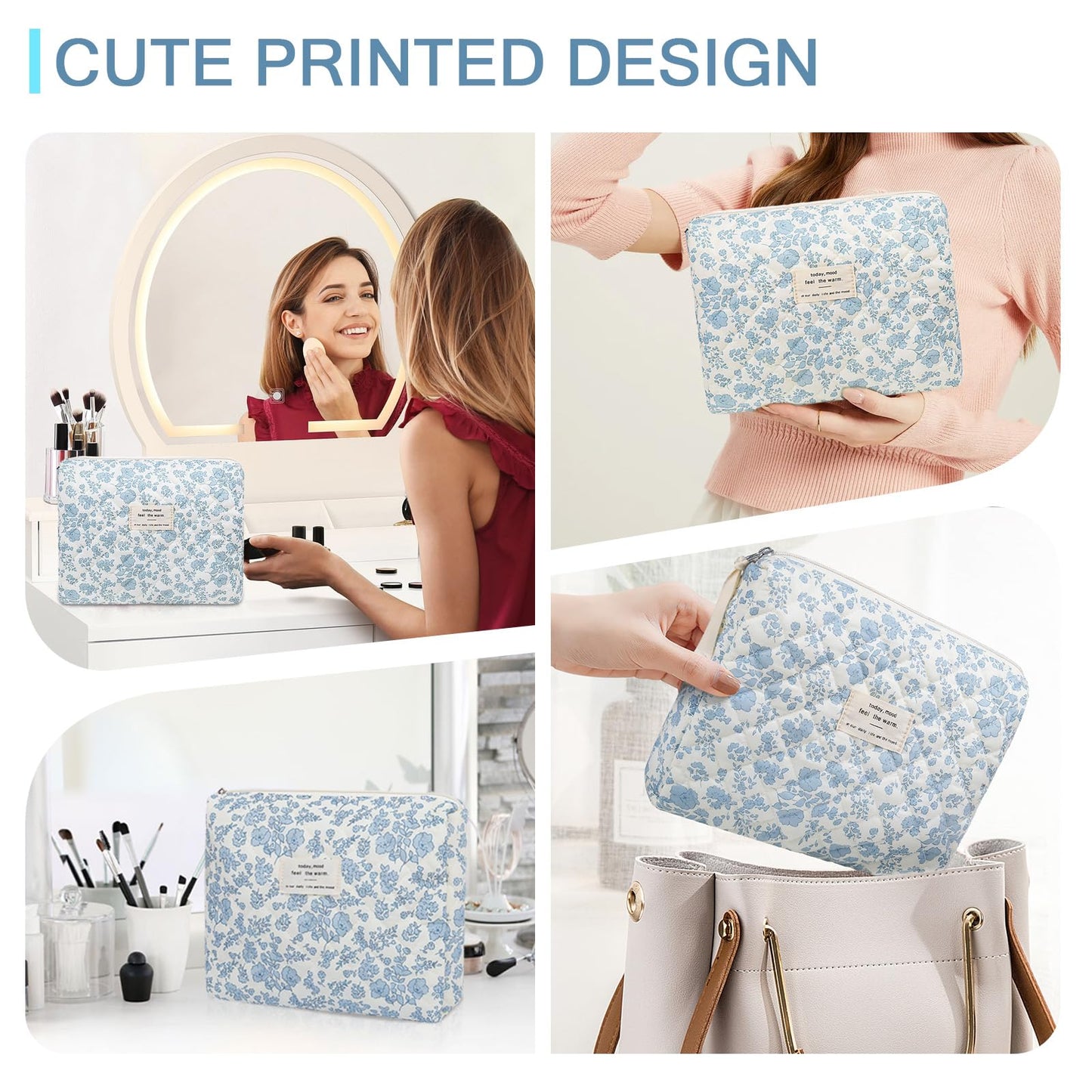 Gosect Floral Makeup Bag, Large Cosmetic Bag for Women Girls, Cute Cotton Make up Pouch, Quilted Makeup Bags, Flower Travel Toiletry Organizer Bag(Blue Floral)