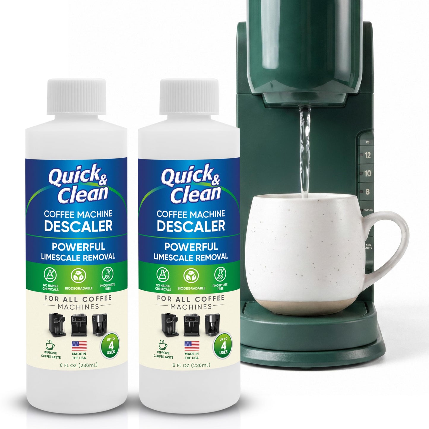 Quick & Clean 2-Pack Descaler (8 Total Uses) - Made in the USA - Descaling Solution for Keurig, Nespresso, Ninja, Delonghi, Coffee and Espresso Machines