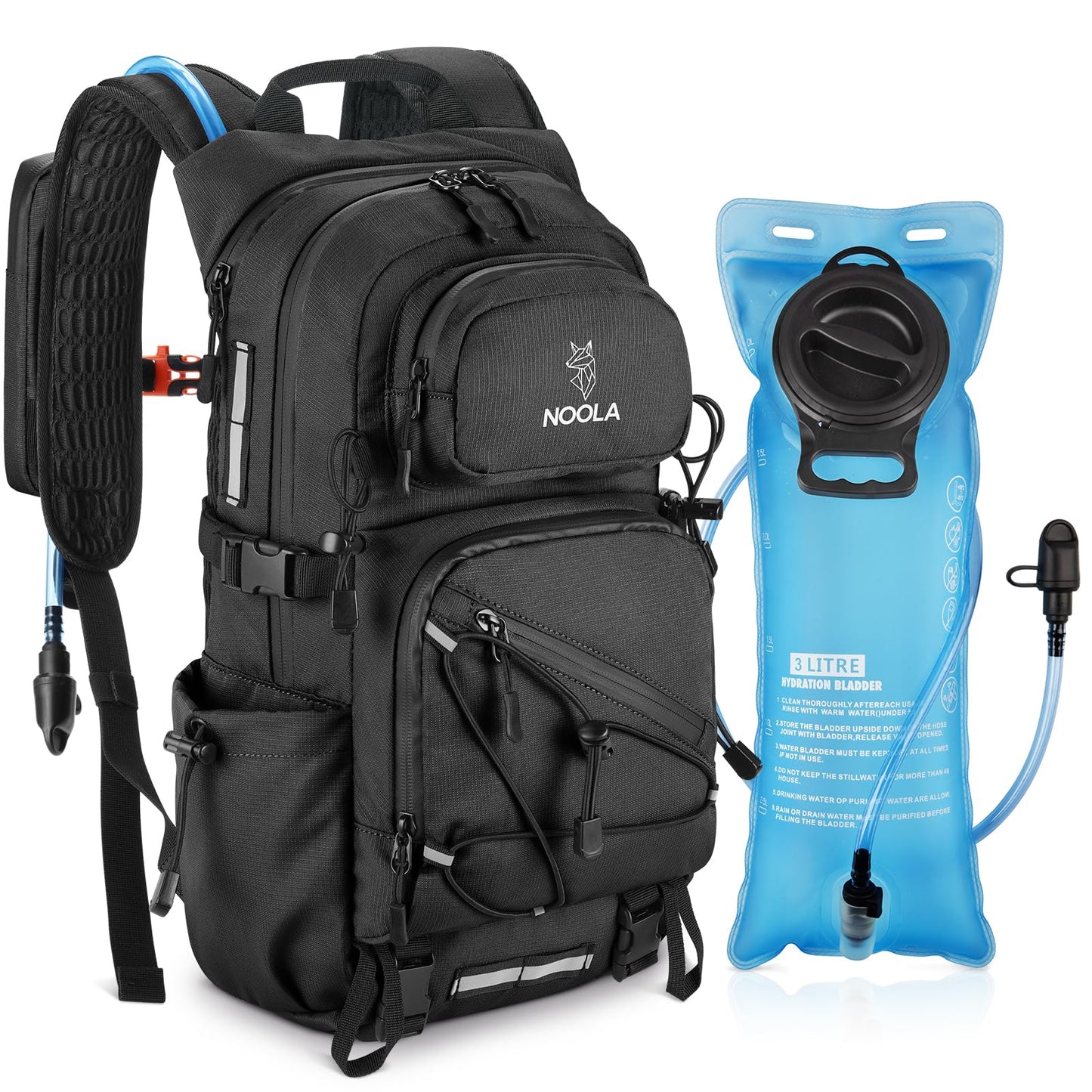 NOOLA Hydration Hiking Backpack with 3L Water Bladder - 22L Water Backpack for Cycling, Running, Biking - Lightweight Hiking Pack Bag with Rain Cover, Phone Holder and Trekking Pole Holders, Black