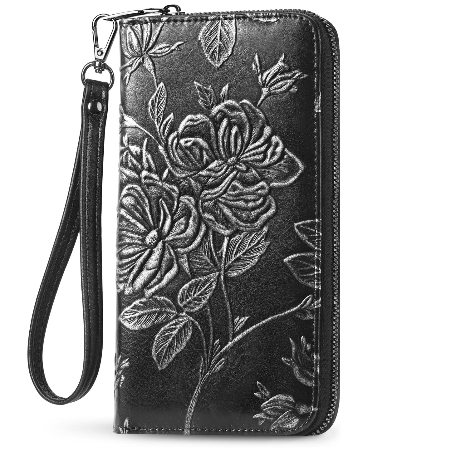 FORUWISH Wallet Women RFID Credit Card Holder Embossed Vegan Leather Large Capacity Black Wristlet Wallets for Women