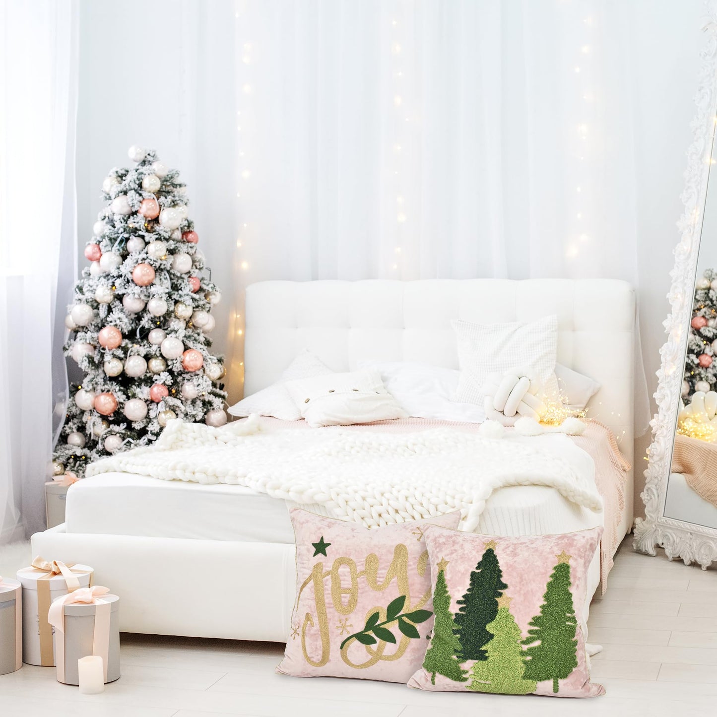 LOOPUINHOM Joy Christmas Pillow Covers 18x18,Embroidered Velvet Christmas Throw Pillow Covers Christmas Decorations Holiday Pillows for Home Couch,Pink Blush/Gold