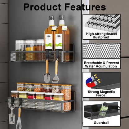 Magnetic Spice Rack for Refrigerator, 4 Pack Magnetic Shelf, Fridge Magnet Organizer with Moveable 8 Hooks, Magnetic Fridge Shelf for Kitchen Organization and Storage (4 Pack)