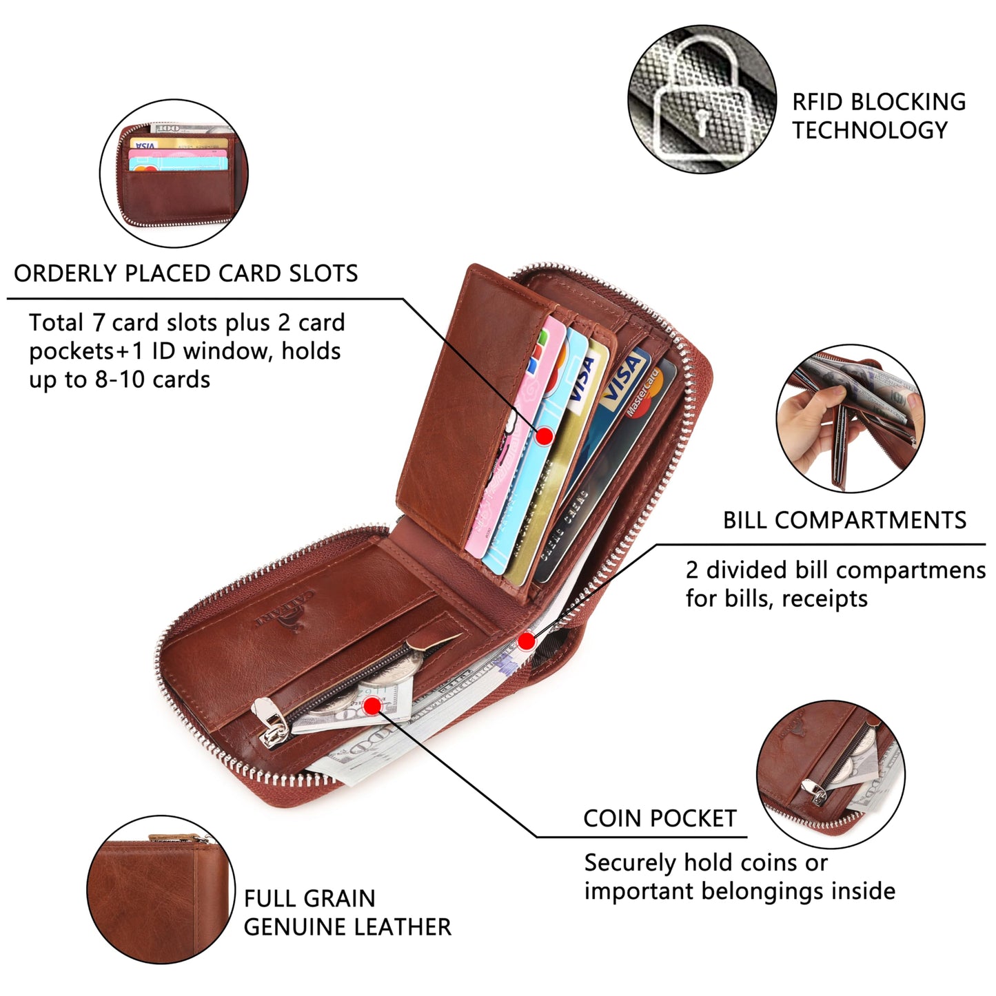 CALFART Slim Zipper Wallets For Men RFID Leather Mens Bifold Creidt Card Holder Zip Around Wallet With Coin Pocket