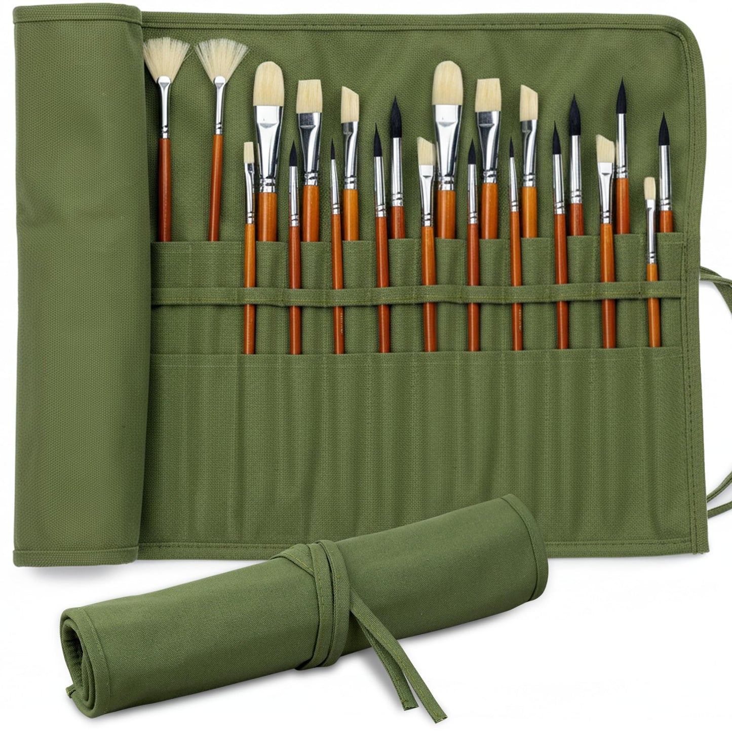 DUGATO 30-Slot Roll-Up Paint Brush Holder, Premium Canvas Brush Organizer for Artists, Washable Travel Brush Case for Watercolor, Acrylic, Pens & Art Supplies (Army Green) - Brushes not Included