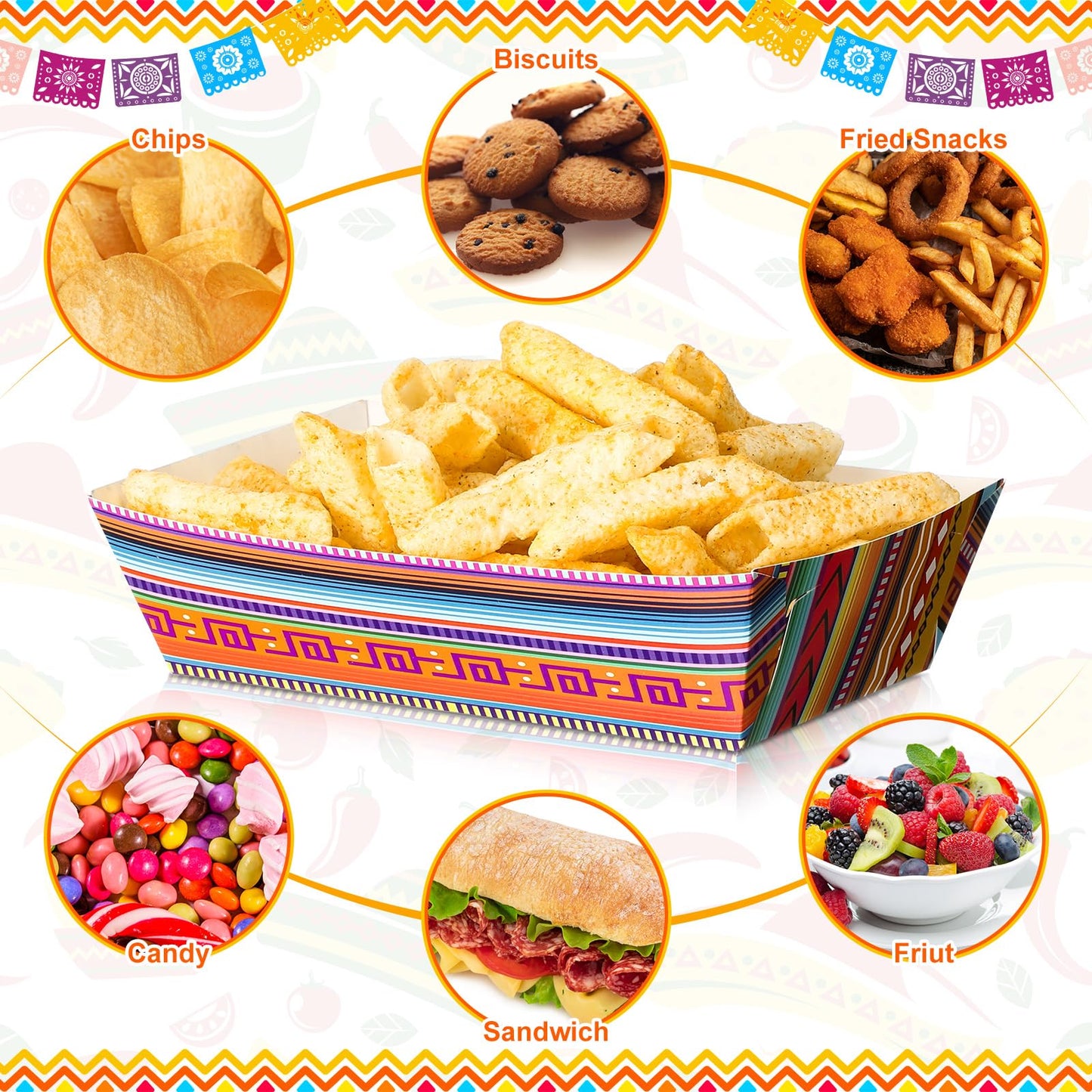 50 Pack Mexican Taco Nights Food Trays Deli Trays Nacho Popcorn Candy Snack Holder Grease Proof Containers Boats Disposable Taco Bar Serving Plates for Christmas Thanksgiving Fiesta Birthday Party