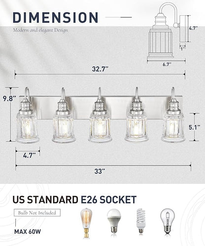 Bathroom Light Fixtures, HWH 5-Light Vanity Light, Modern Brushed Nickel Wall Lighting Over Mirror, Bell-Shaped Striped Glass, 5HZG106B-5W BN