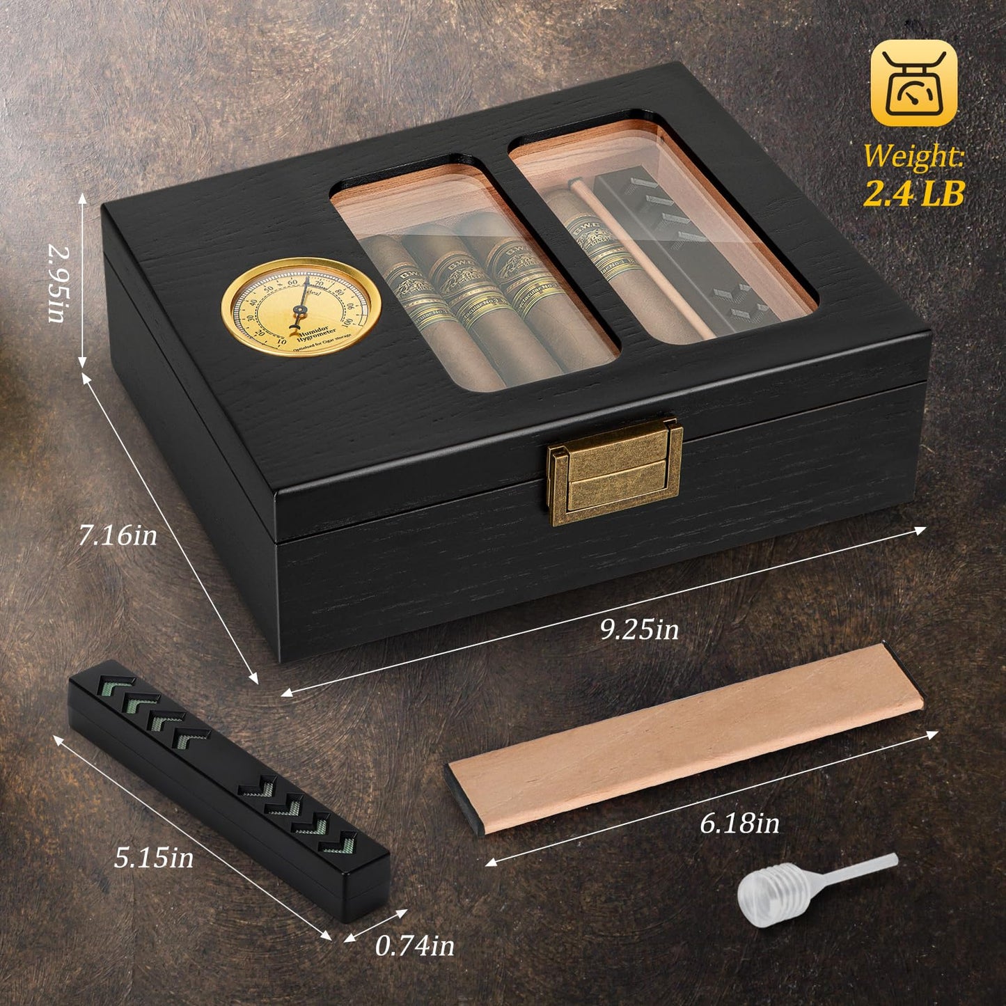 Usewire Cigar Humidor, Glass Top Cedar Cigar Case, Cigar Box for 20-30 Cigars with Hygrometer, Humidifier, Desktop Cigar Humidor, Cigar Lovers Gift (Black)