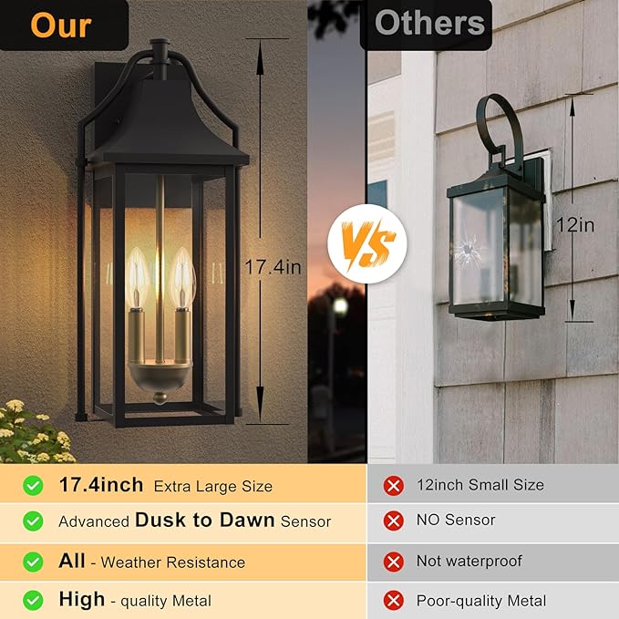 𝟏𝟕.𝟒𝑰𝑵 Outdoor Wall Sconce Fixture, Dusk to Dawn Patio Lights Waterproof Exterior Lanterns, 2-Light Modern Wall Lights Mounted with Glass, Black Outside Light for House Front Door Decor