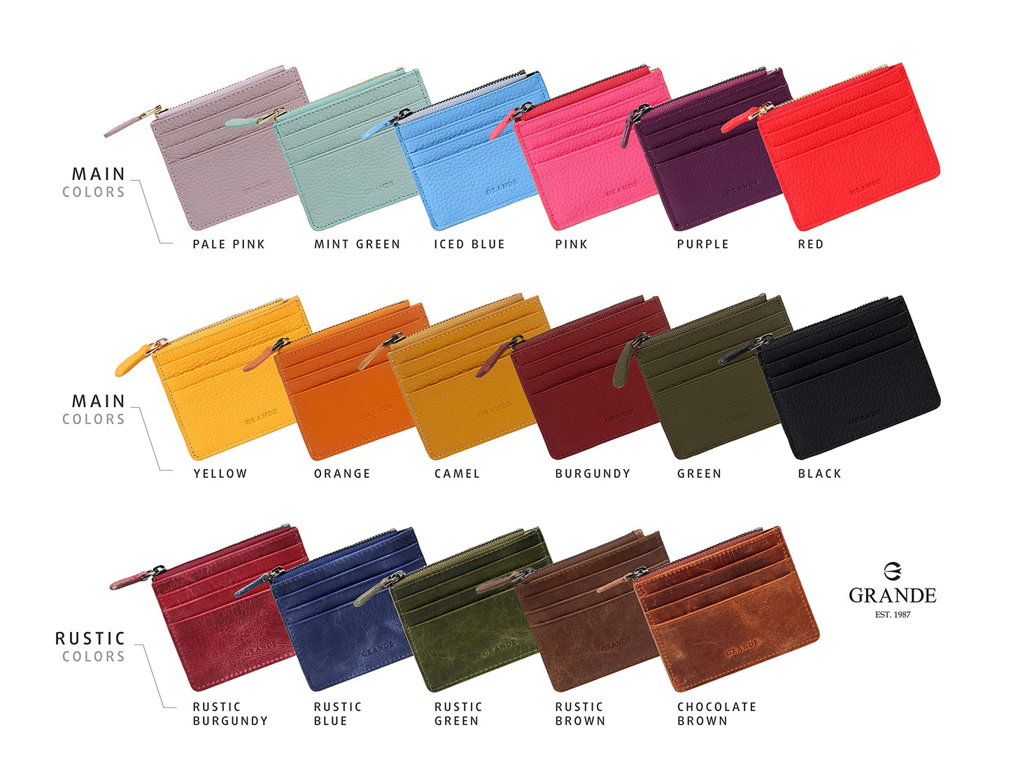 grande 3603 Genuine Leather Card Holder For Women and Men Slim Minimalist Small Zipper Wallet (BLACK)