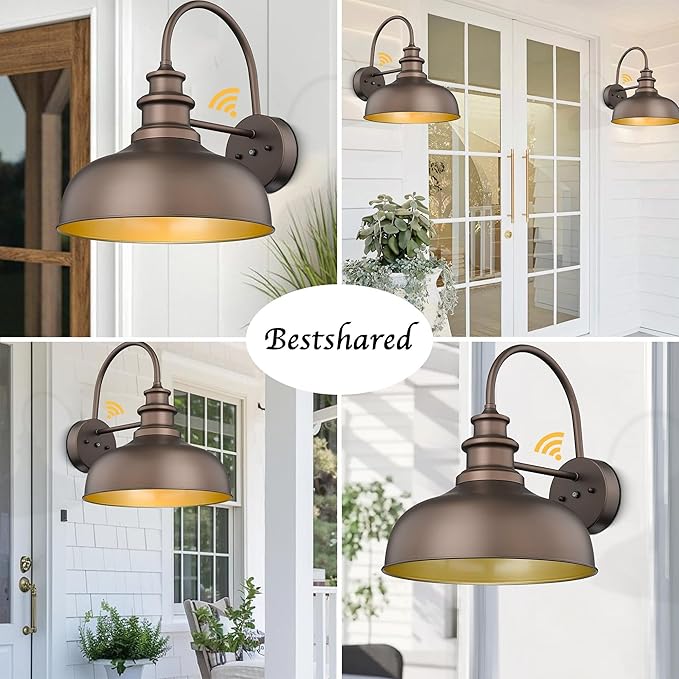 Bestshared 14 Inch Dusk to Dawn Gooseneck Barn Lights Farmhouse Outdoor Wall Sconce Industrial Exterior Wall Lighting Fixture Vintage Porch Lantern Lamp for Patio,Garage,Front Doo(ORB+Gold, 14"-2Pack)