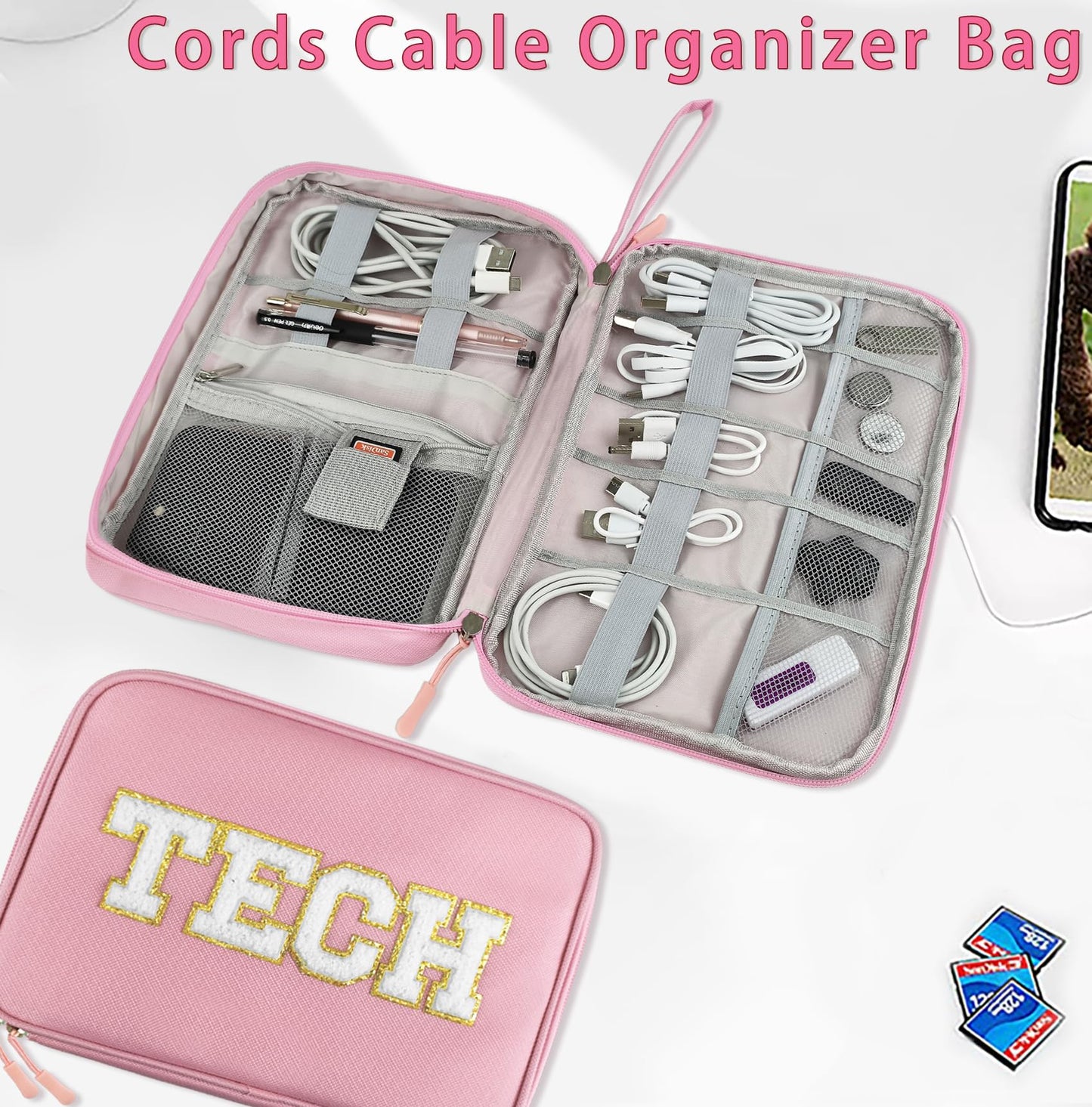 COSHAYSOO Electronics Bag Case Cable Cords Organizer Travel Essentials for Women College Teen Girls Vacation Dorm Accessories Preppy Personalized Gift (Large Pink)