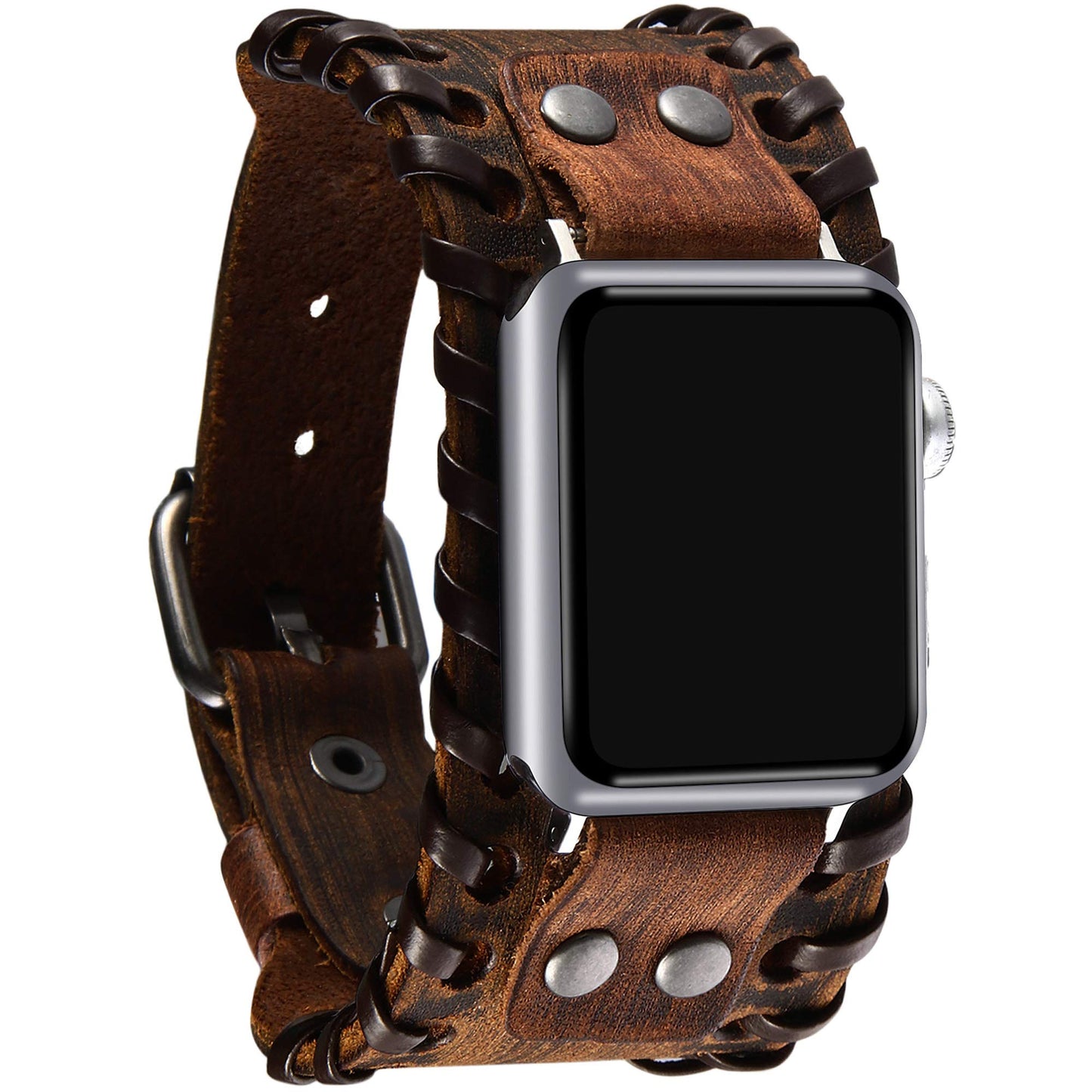 VIQIV Wide Cuff Bracelet Leather Band Compatible with Apple Watch 42mm 44mm Sports Watches for Men Women, Unisex Retro Replacement Wrist Strap for iWatch Series SE 6/5/4/3/2/1, Brown